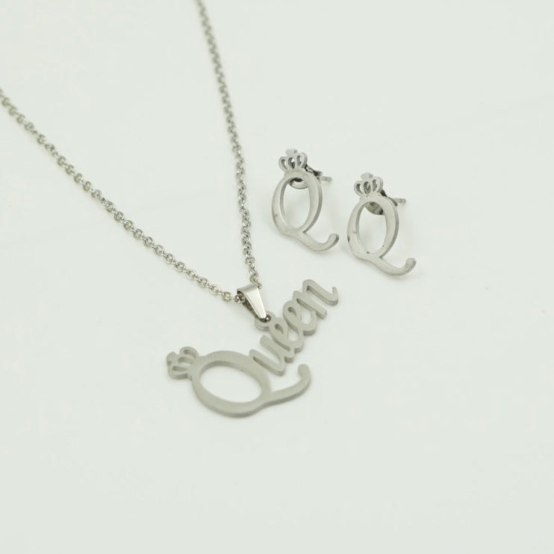 COMBO CADENA+DIJE+ARETE ECO QUEEN PLATEADO