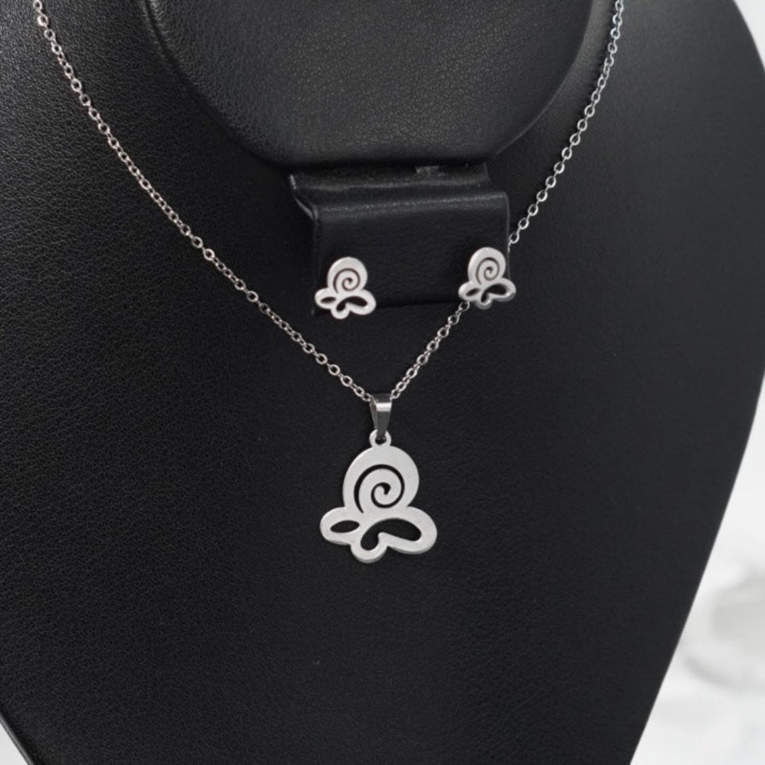 COMBO CADENA+DIJE+ARETE ECO MARIPOSA ESPIRAL PLATEADA