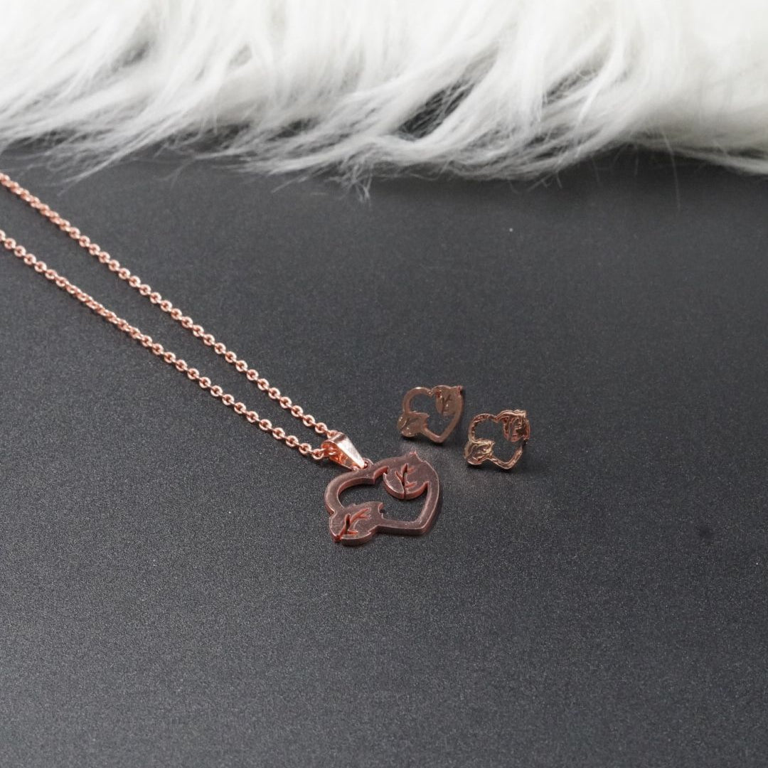 COMBO CADENA+ARETE+DIJE ECO CORAZON HOJA ROSADO