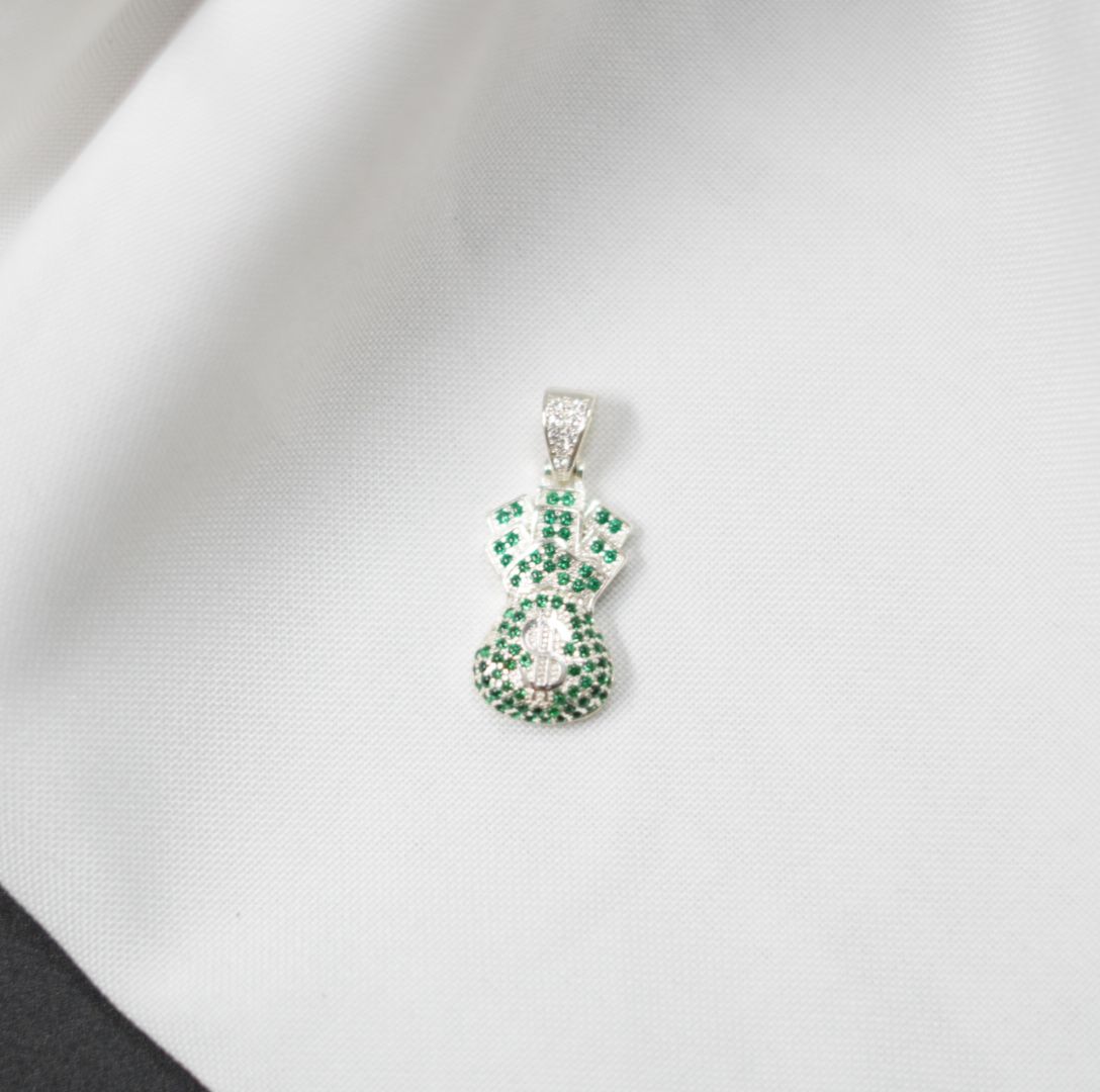 DIJE BOLSA DINERO PLATEADO PIEDRAS VERDE - Plata