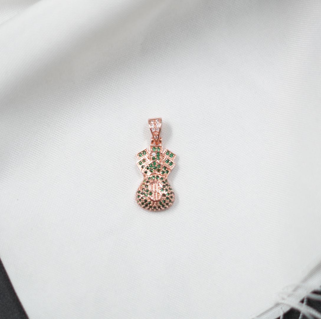 DIJE BOLSA DINERO ROSADO PIEDRAS VERDES - Acero Inoxidable 316L