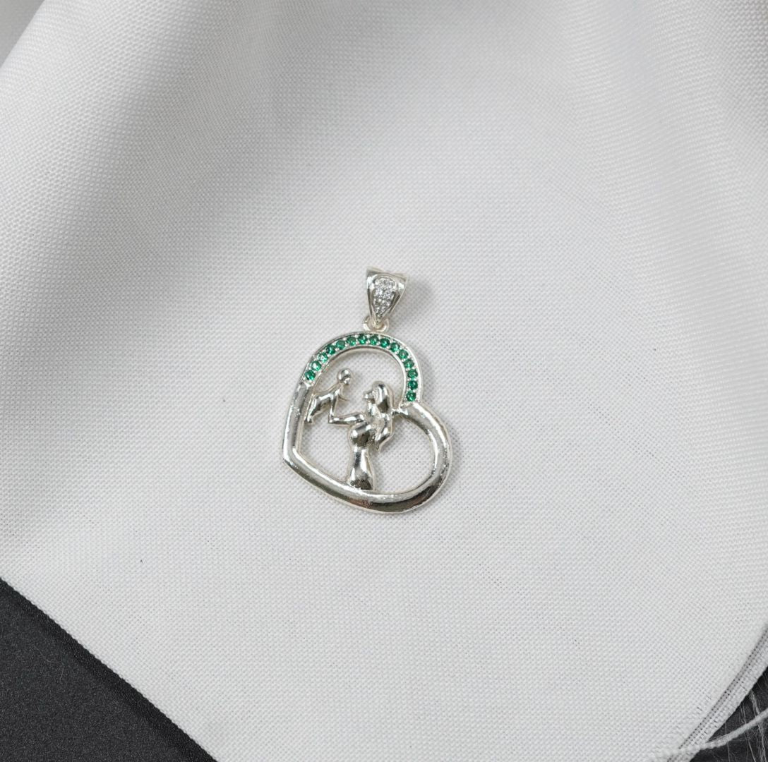 DIJE MAMA-HIJO PLATEADO PIEDRA VERDE - Plata