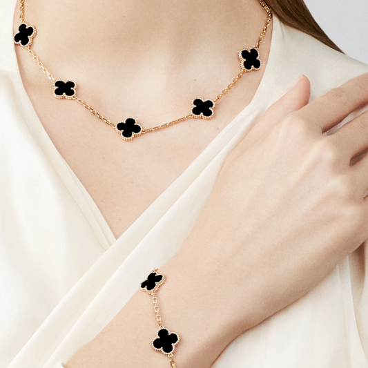 KIT 2 EN 1 VAN CLEEF RODINADO – GARGANTILLA + PULSERA TRÉBOL