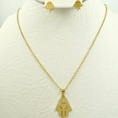 COMBO CADENA+ARETE+DIJE ECO MANO CORAZON DORADA