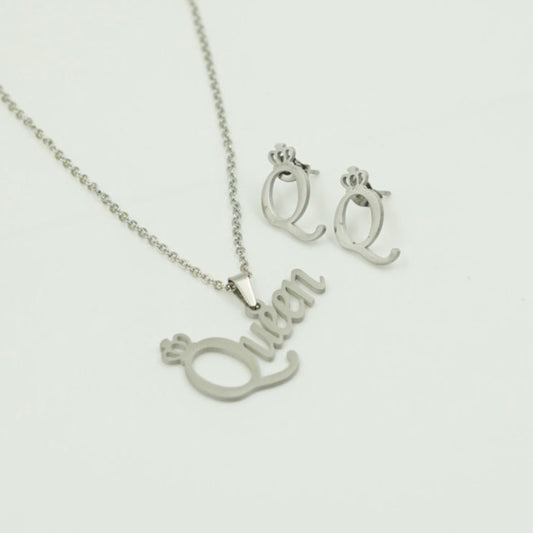 COMBO CADENA+DIJE+ARETE ECO QUEEN PLATEADO