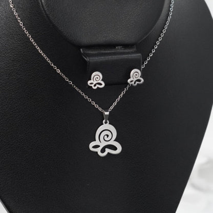 COMBO CADENA+DIJE+ARETE ECO MARIPOSA ESPIRAL PLATEADA
