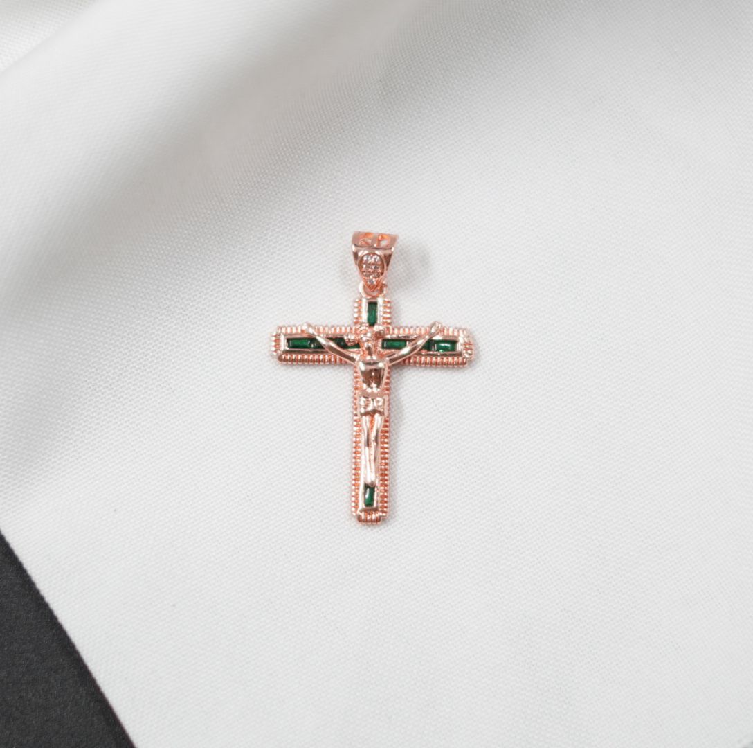 DIJE CRUZ JESUS ROSADO PIEDRAS VERDES - Acero Inoxidable 316L