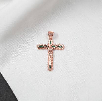 DIJE CRUZ JESUS ROSADO PIEDRAS VERDES - Acero Inoxidable 316L