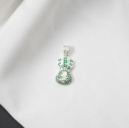 DIJE BOLSA DINERO PLATEADO PIEDRAS VERDE - Plata