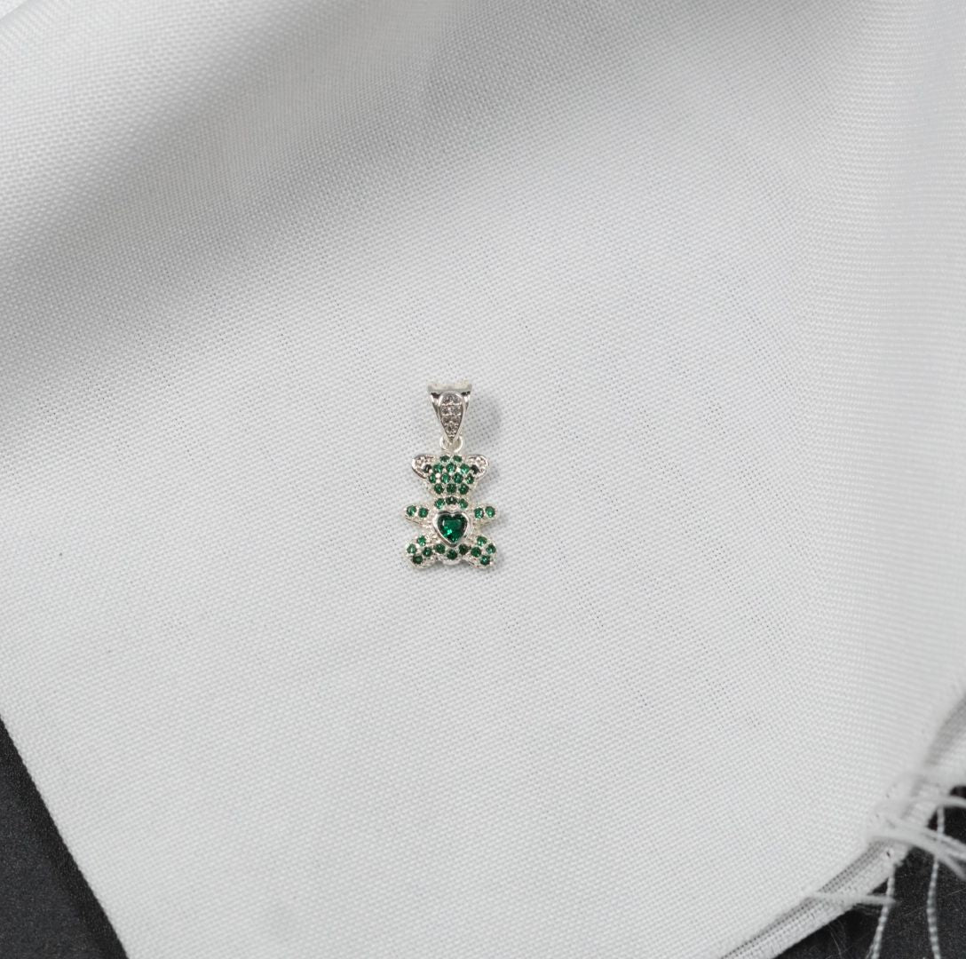 DIJE OSITO PLATEADO PIEDRA VERDES - Plata